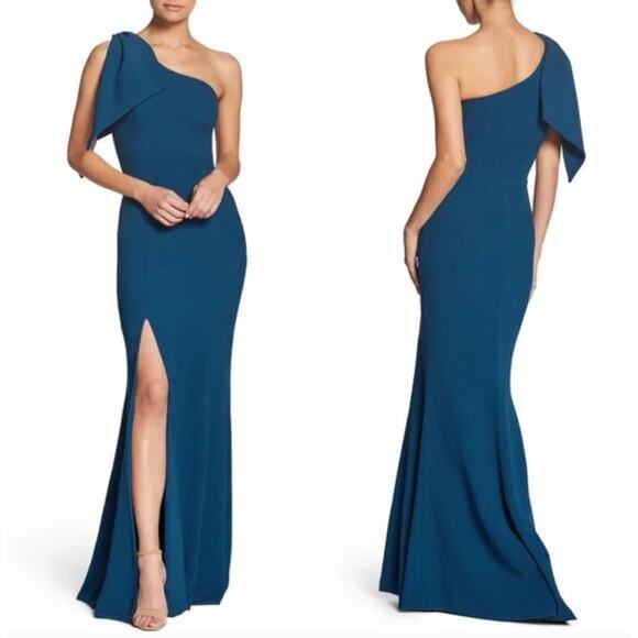 New!‎ Dress the Population dark teal georgina one shoulder bow crepe gown, S - Picture 1 of 16